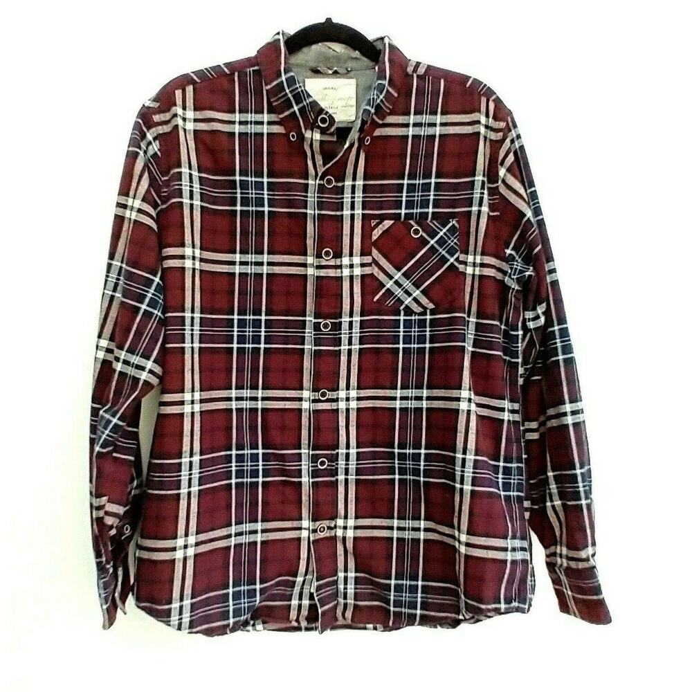 Weatherproof Vintage Men's Large Flannel Shirt Burgundy Plaid 100% Cotton